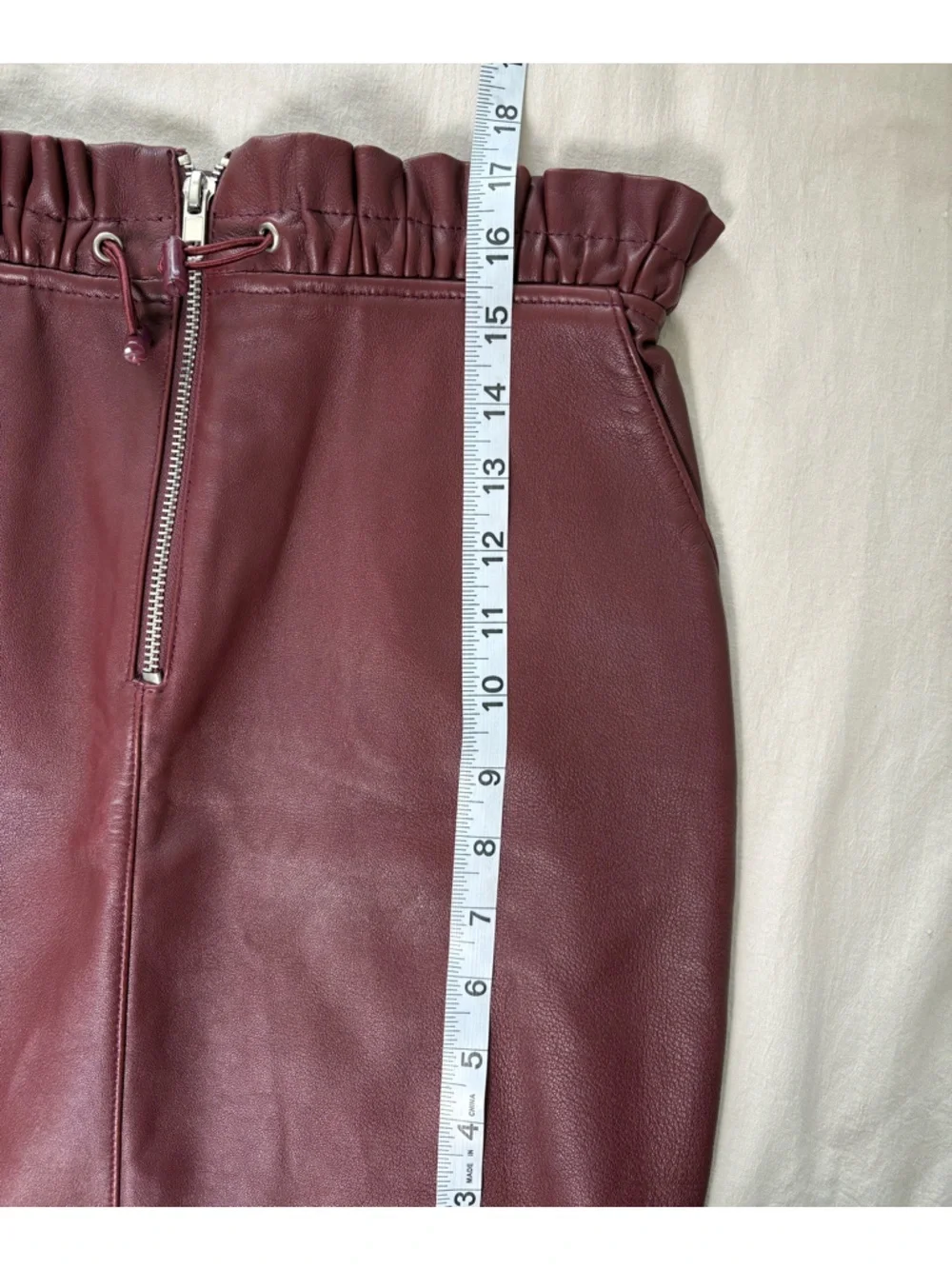Maje Jet Leather Burgundy Paperbag Mini Skirt w/ Front Zipper and Drawstring